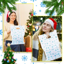 Frienda 100 Pcs Christmas Plastic Gift Bags Bulk 12 x 15 Inch Snowflake Goodie Bags Xmas Treat Bags with Handle Holiday Gift Bags for Small Business Shopping Christmas Party Favor(Blue and Silver)