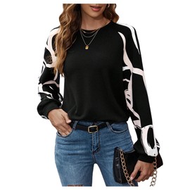 OYOANGLE Women's Graphic Knit Sweatshirt Long Sleeve Crew Neck Fashion Pullover Top Black
