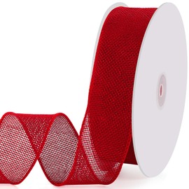 Red Burlap Wired Ribbon 20 Yards 1-1/2 Inch Red Ribbon for Bows Wreaths Crafts Flower Bouquet Gift Wrapping Wedding Mother's Day Decorations