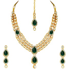 Aheli Indian Traditional Bollywood Kundan Maang Tikka Earrings Necklace Set Ethnic Jewelry for Women Girls Green
