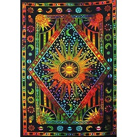 Popular Handicrafts Wall Hanging Tapestry For Bedroom Burning Sun and Moon Hippie Mandala Bohemian Hippy Psychedelic Design Indian Tapestries Bedspread 54x82 Inches (140cm x 210cm) White Multicolor