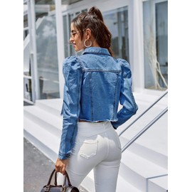 Floerns Women's Casual Ripped Puff Sleeve Button Front Jean Denim Jacket Wash Blue M