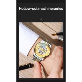 Verhux Men's Automatic Skeleton Watches Self Winding Mechanical Black Two Tone Stainess Steel Waterproof Wrist Watches