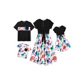 PATPAT Family Matching Outfits for Photoshoot Mommy and Me Dinosaur Dresses Drop Shoulder Design Round Neck Belted Ruffle Dresses and Short-Sleeve T-Shirts Sets Black Dinosaur Dress Girls 8-9 Years
