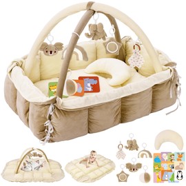5-in-1 Plush Baby Play Gym, Baby Play Mats, Convertible Baby Gym with Pillow, Tummy time mat, 6 Sensory Toys, Baby Activity Center from Newborn to Toddler, Pet Bed, Cat & Dog Bed, Ball Pit, Cream
