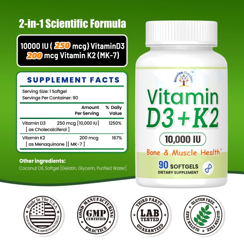 NuvitaGarden Vitamin D3 + K2 10000 IU, Promotes Calcium Absorption