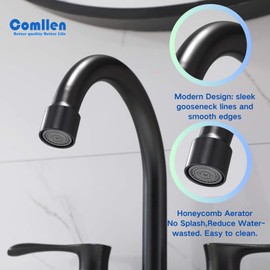 Comllen Black Bathroom Faucet, Modern Centerset 4 Inch 2 Handle 360°Swivel Spout Matte Black Bathroom Sink Faucet, 3 Hole Vanity Lavatory Faucet with Supply Hoses and Pop Up Drain