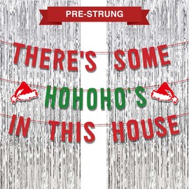 Red Green Merry Christmas Party Decorations, Fufuddz Funny There's Some HoHoHos in This House Banner Garland with Silver Foil Fringe Curtains Tinsel Backdrop Xmas Holiday 2025 Birthday Decor for Home