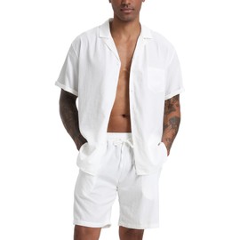 RPOVIG - Camisas de lino para hombre, conjunto de 2 piezas, con botones, casual, verano, para día festivo, Blanco, Small