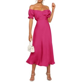 KIRUNDO Women's Summer Satin Midi Dress Off Shoulder Wrap Ruched Wedding Guest Party Cocktail Formal Prom Valentines Dress(Rose Red, Medium)