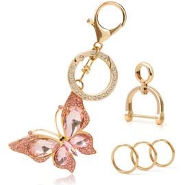 YGMONER Bling Butterfly Pink Crystal Keychains for Car Key D-Ring Keyring & Backpack Accessory Free with Velvet Gift Bags