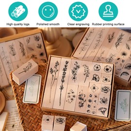 Pack of 22 Wooden Stamp Set, Flowers Wooden Stamp, Alphabet Stamp with Ink Pad, Motif Stamp Wooden Stamp Flowers, Rubber Vintage Stamp for Scrapbooking, Children DIY Cards Making (A)