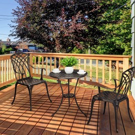 IDEALHOUSE Cast Aluminum Patio Bistro Set with Umbrella Hole, 3 Piece Outdoor Bistro Set Rust-Resistant, Patio Table and Chairs, Outdoor/Indoor Use, for Garden,Backyard, Patio Balcony, Bronze