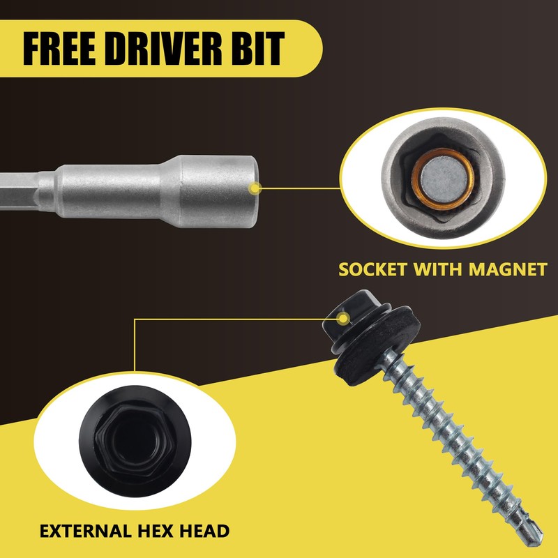 JEGONFRI 250pcs #10 x 1-1/2" Black Hex Head Self-Drilling Metal