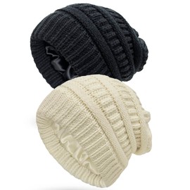 Mukeyo 2 Pack Womens Satin Lined Knit Beanie Hat Winter Warm Knitted Silk Lining Hat Soft Slouchy Cable Skull Cap Black & Beige
