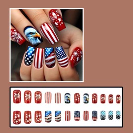 Independence Day Press On Nails Medium Square Fake Nails Press Ons 4th of July False Nails With Star Flag Eagle Designs Red Blue Artificial Acrylic Nails Full Cover Stick On Nails For Women