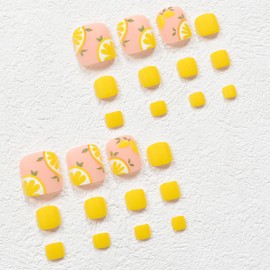 Jremg Lemon Press on Toenails Short Square Fake Toenails Summer Full Cover Glue on Toe Nails Matte Yellow Solid Color False Toes Nails Cute Reusable Acrylic Toenails for Women Girls Manicure 24Pcs