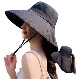 Sun Hat Women with Flap Ponytail Hole, Fishing Hat Rollable UV Protection Plus Wide Brim and Plus Long Neck Flap for Beach Hiking Camping Fishing Outdoor UPF 50+ New Black