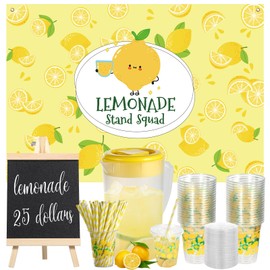 CIEOVO Lemonade Stand Supplies Set, 50 Pcs Lemonade Party Cups with Lids and Paper Straws Tablecloth Banner Pitcher and Wooden Blackboard for Summer Lemon Party Stand Decorations