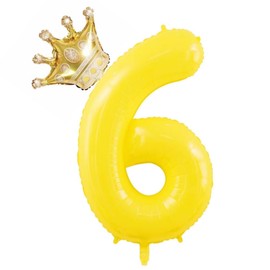 40 Inch Yellow Large Number 6 Balloons With Crown, Number 6 Foil Helium Balloons, 6th Birthday Decorations, Anniversary Party Supplies. (Yellow 6)