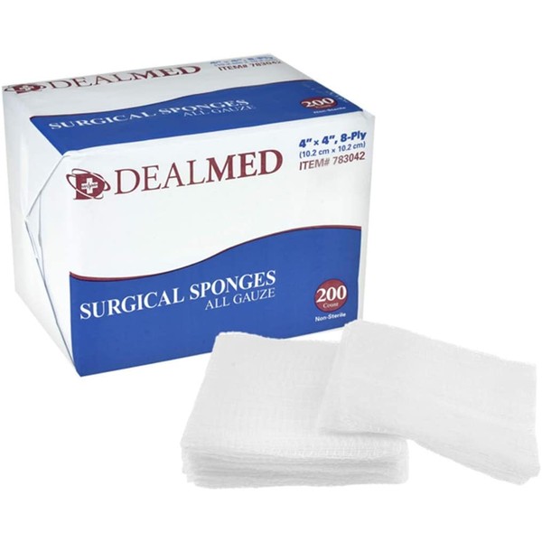 Dealmed Surgical Sponges, Highly Absorbent Gauze for Prepping, Cleaning, Wound Dressing, and First Aid Kits, 8-Ply, 4" x 4" (Pack of 200)
