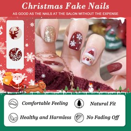 24Pcs Christmas Red Press on Nails Square Short Glitter French False Nails with Santa Claus Snowflake Design Winter Fake Nails Glossy Acrylic Stick on Nails for Women Xmas Holiday Nail Art Decoration