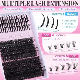60D/80D Lash Clusters – 10-21mm Spiky Volume Eyelash Extensions, DIY Mink-Style Strip Lashes with Strong Hold