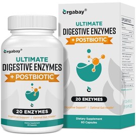 Orgabay Enzimas digestivas de 1000 mg con posbióticos, mezcla de 20 enzimas para la hinchazón, la digestión óptima y la función intestinal, 60...     