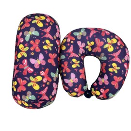 Bookishbunny 2pcs Micro Bead Set U Shaped Neck Travel Pillow 12" x 12" x 4" and Roll Back Pillow Cushion 13" x 7", Various Designs (Butterfly Navy)