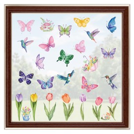 JEKUGOT 8 Sheets Spring Summer Window Stickers Tulips Hummingbird Butterfly Flower Window Clings Double-Sided Stained Glass Clings Floral Window Clings for Spring Window Decorations
