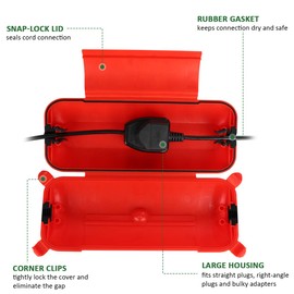 Outdoor Extension Cord Safety Cover with Waterproof Protector Seal, Weatherproof Electrical Connection Box for Outdoor Outlets, Plugs, Sockets, Holiday Decorations, Power Tools, Fountains, Red