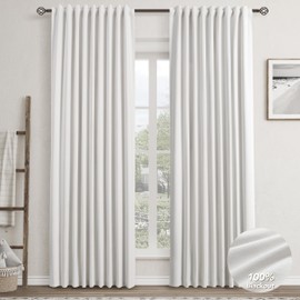 Ivory Linen 100% Blackout Curtains for Bedroom 90 Inch Length 2 Panels Set Back Tab Pocket Neutral Farmhouse Living Room Darkening Curtain Track System Thermal Insulated Black Out Drapes 52x90