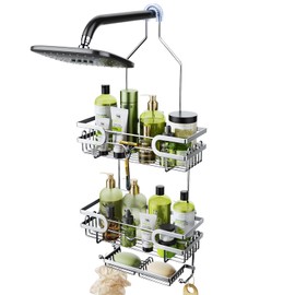 HapiRm Hanging Shower Caddy Organizer - Shower Caddy over Shower Head with 2 Soap Holders, No Drilling Shower Organizer with 12 Hooks, Rustproof & Waterproof Shower Storage for Bathroom - Silver