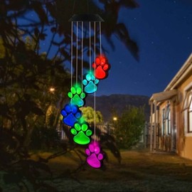 Paw Print Solar Wind Chimes & Lights - Color Changing Outdoor Paw Print Solar Mobile Wind Chimes Hanging Patio Lights for Garden Decor for Dog & Cat Pets Lovers
