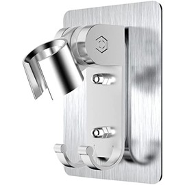 Shower Head Holder,Strong Adhesive Shower Holder,Adjustable Shower Wand Holder with 2 Hanger Hooks,Handheld Shower Head Wall Mount Bracket,Shower Holder Adapter For Bathing,Bathroom,No Drill Need