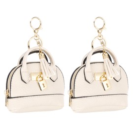 PATIKIL Mini Tote Bag Keychain, 2 Pcs Cute Coin Purse Keychain PU Leather Backpack Purse Key Chain Little Cosmetic Bag Keychains for Women Makeup Card Data Cable Organizer, White