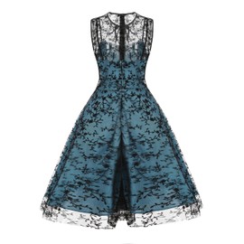 Keyhole Mesh Floral Embroidery Dress for Women Flower Mmbroidered Dress Mini Tulle Short Dress Bow Tie Neck Gothic Cocktail Vintage Dress Illusion Wedding Party Formal Evening Dress Sea Blue XL