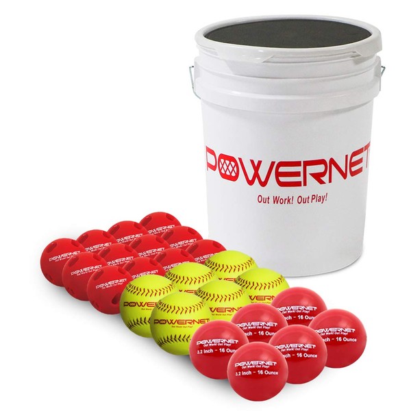 PowerNet Training Balls Bundle | 6 Yellow 12" Softballs + 6 PK 3.2" Weighted Balls + 12 Crushers | Perfect for Batting Practice | Recreation Grade (Bucket & Balls)