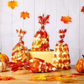 LXZColden 120 Pcs Thanksgiving Treat Bags Fall Cellophane Bags Plastic Pumpkin Thanksgiving Party Favor Candy Bags Bulk for Autumn Party Supplies, Orange