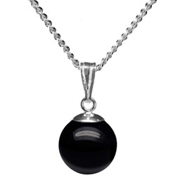 10mm Genuine Black Onyx Bead/Ball 925 Sterling Silver Pendant + 18 Inch Trace Chain/Necklace