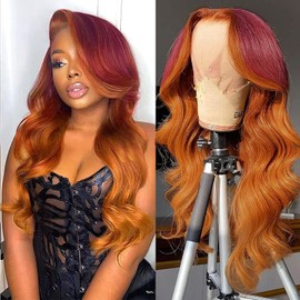 haha 30 Inch Red Ginger Highlight Ombre Lace Front Wig Human Hair Orange Burgundy Skunk Stripe Lace Front Wig Pre Plucked 13x4 Body Wave Lace Frontal Wigs Glueless Colored 150% Density