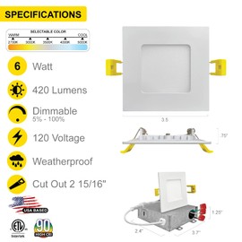 NUWATT 12 Pack 3 Inch Square Ultra-Thin LED Recessed Lighting, Selectable 2700K/3000K/3500K/4000K/5000K, 550 Lumens Dimmable, IC Rated, White Slim Panel Light, Canless Wafer Lights, Metal J-Box