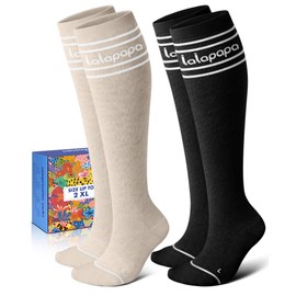Lalapapa Cotton Compression Socks for Women - 15-20mmHg Cushioned Sole, Soft Breathable for Pregnancy Travel Nurse, Brown and Black, 2XL
