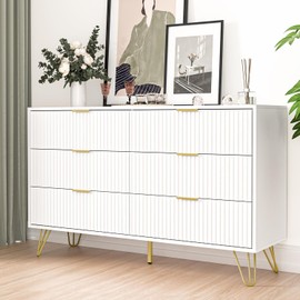 FURNIWAY White Dresser, Modern 6-Drawer Dresser for Bedroom with Gold Handles, Wide Chest of Drawers for Living Room