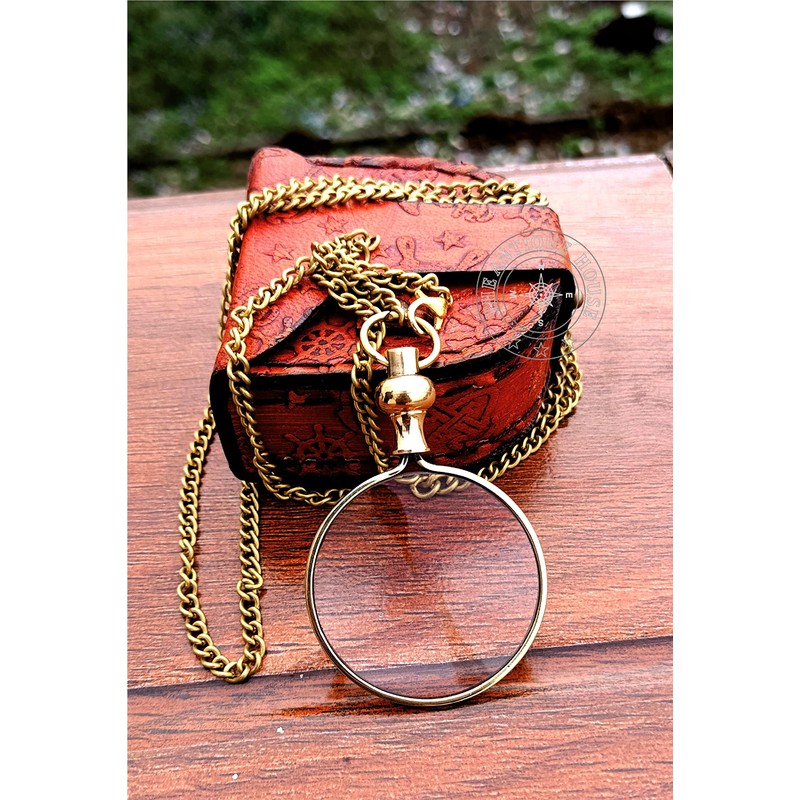Brass Magnifying Glass, Optical Magnifier Lens with Chain Monocle for