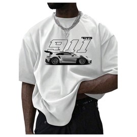 COZYEASE Men's Graphic Tees Letter Print Casual Short Sleeve T Shirts Summer Tops Vintage Tees Car White Medium