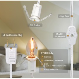 MEILUX 4 Pack Accessory Cord with LED Night Light Bulbs - White Cord with On/Off Switch Plugs - C7 led Bulb Warm White with Spare Fuse for Holiday Decoration and Craft Village House Decoration