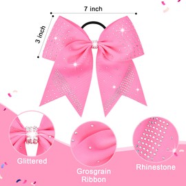 2PCS Glitter Cheer Bow Large Pink Cheer Bows Rhinestones Hair Bows Girls 7"Cheerleading Bows Bulk Elastic Band Ponytail Holder for Teen Girls College Sports Competition