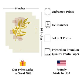 Gold-Toned Tropical Leaf Trio Wall Art Prints - Modern Minimalist Botanical Wall Art Decor for Kitchen Decor, Home Decor, Office Decor & Bathroom Decor- Unframed Elegant Abstract Print - 8x10" (3-PK)