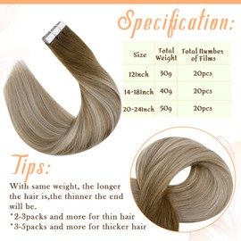 Easyouth 20Inch Tape in Human Hair Extensions Balayage Dark Brown Fading to Ash Brown Mixed Medium Blonde Tape Hair Extensions Remy Hair Seamless Glue in Hair Extensions Double Sided 20pcs 50g